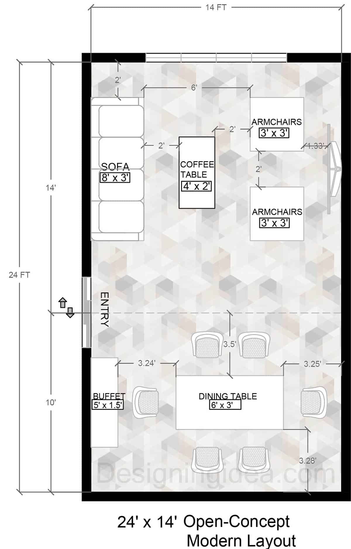 24x14 open concept modern living and dining room layout