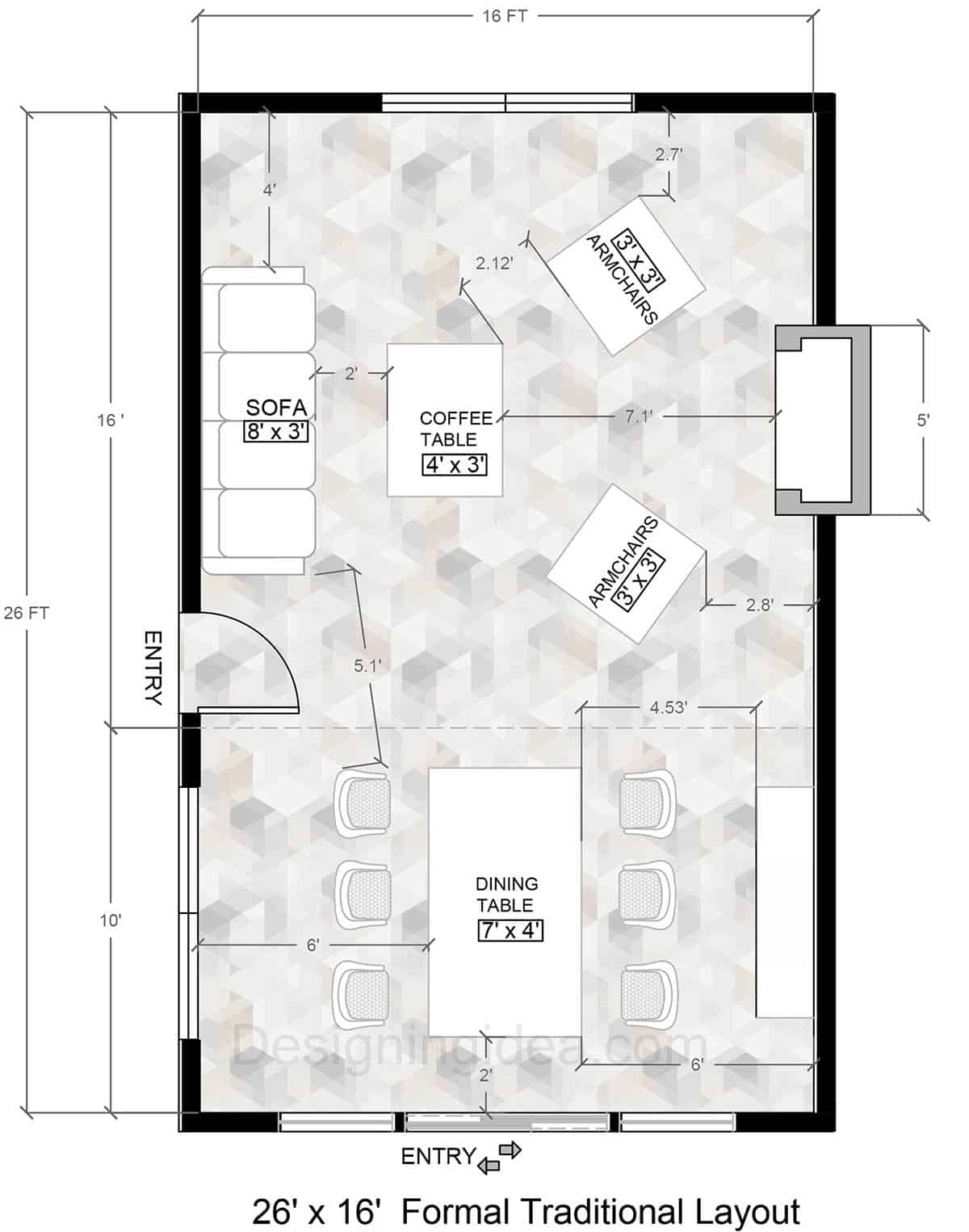 26x16 formal traditional living & dining furniture layout