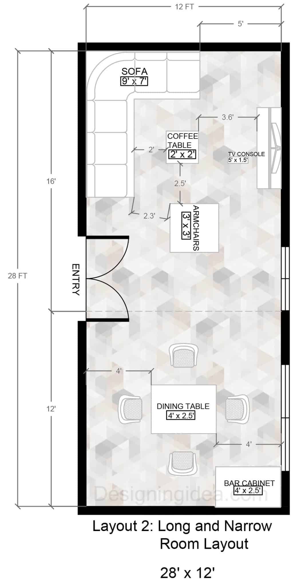 28x12 long and narrow living & dining room floor plan