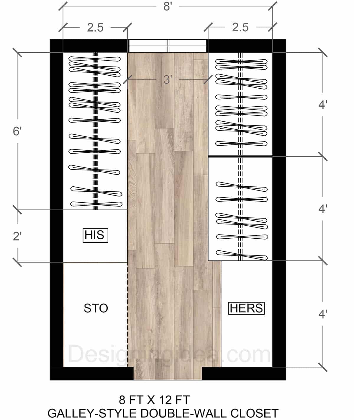 8x12 galley-style double wall closet design