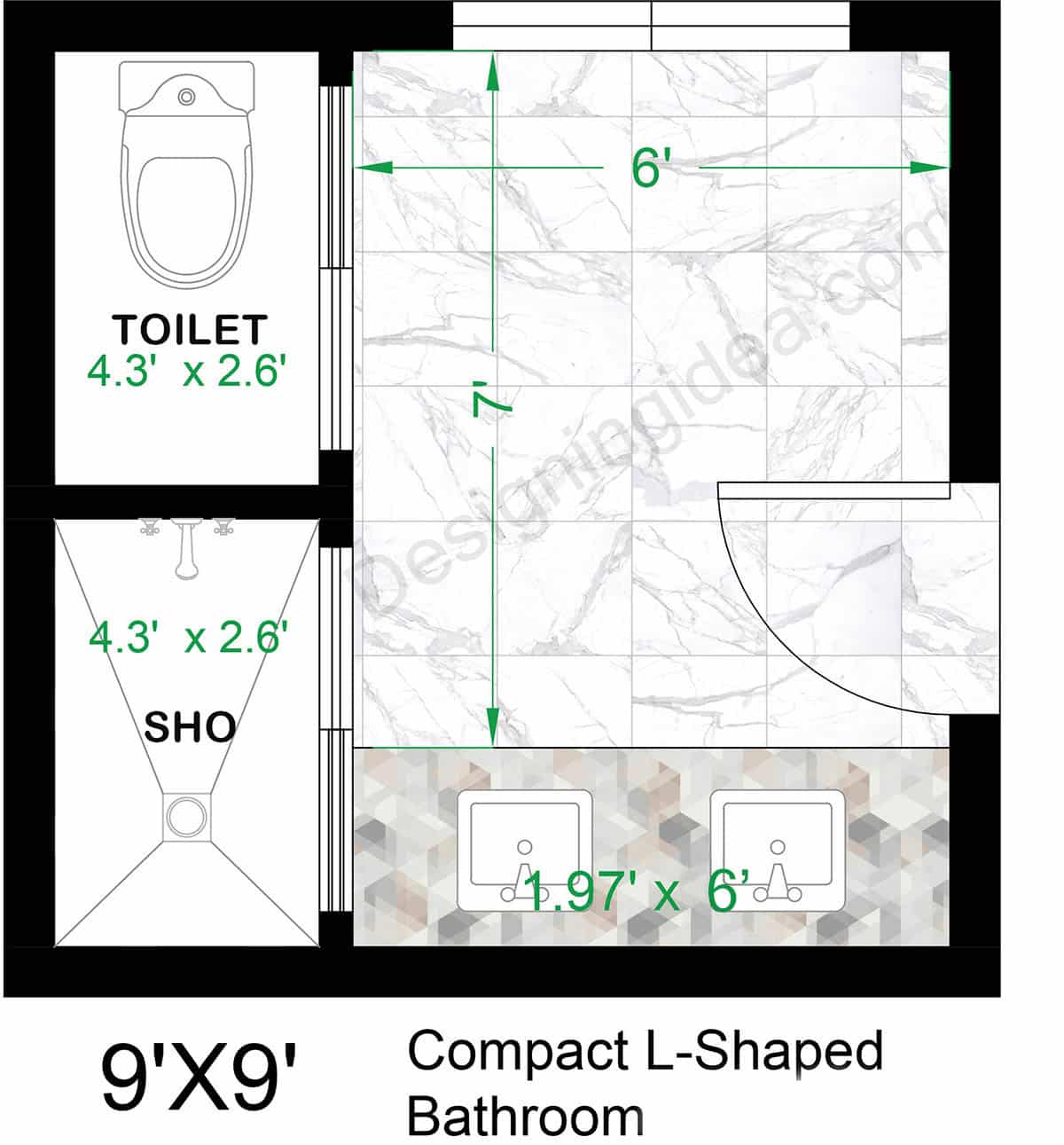 9x9 compact L-shape design bathroom layout with walk-in shower