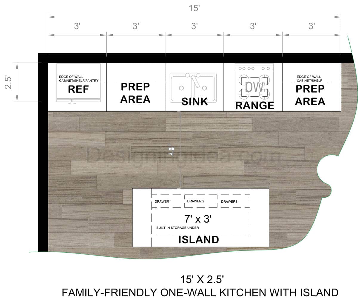 Family friendly single line kitchen with island