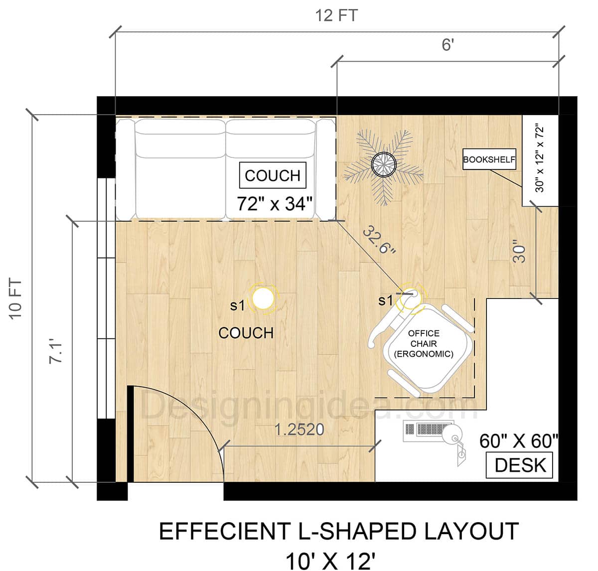 10x12 efficient l-shaped office desk layout with couch