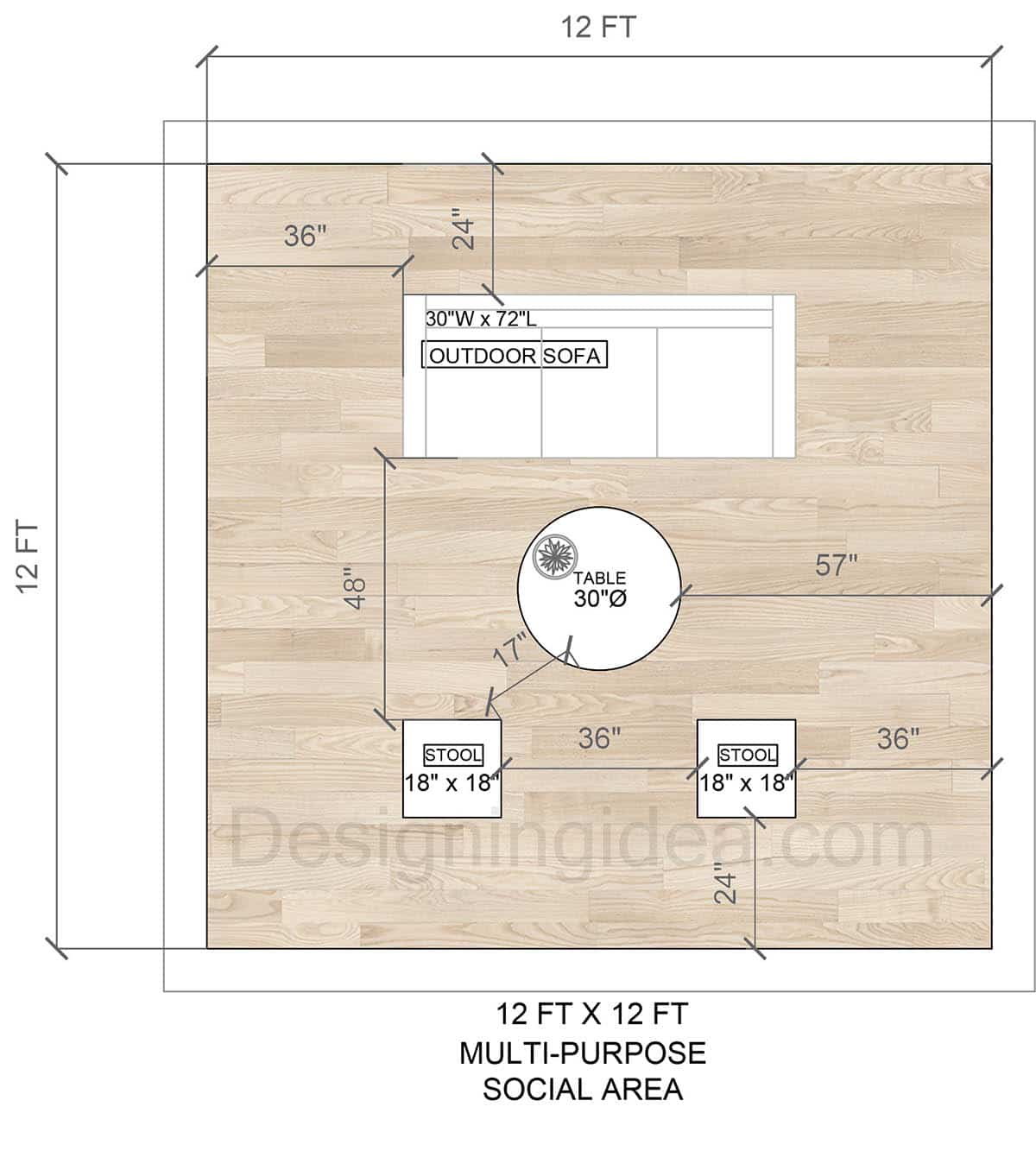 12x12 multi purpose deck furniture floor plan with social area