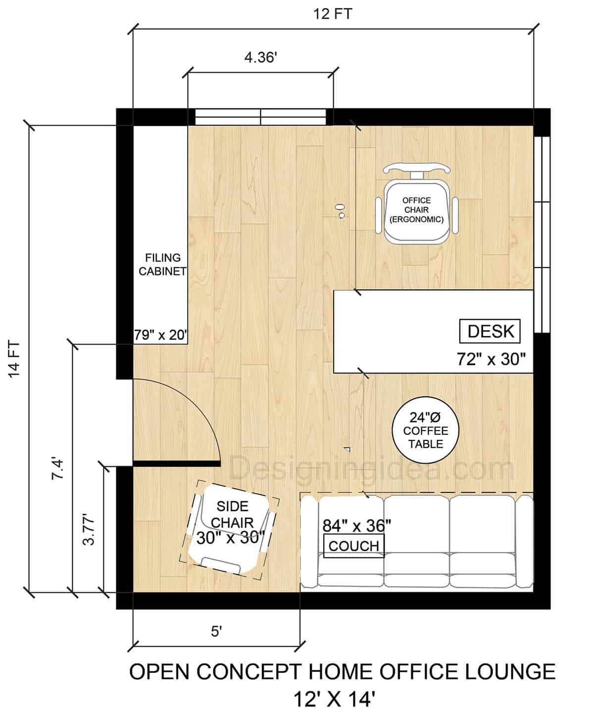 12x14 open concept home office lounge layout with sofa