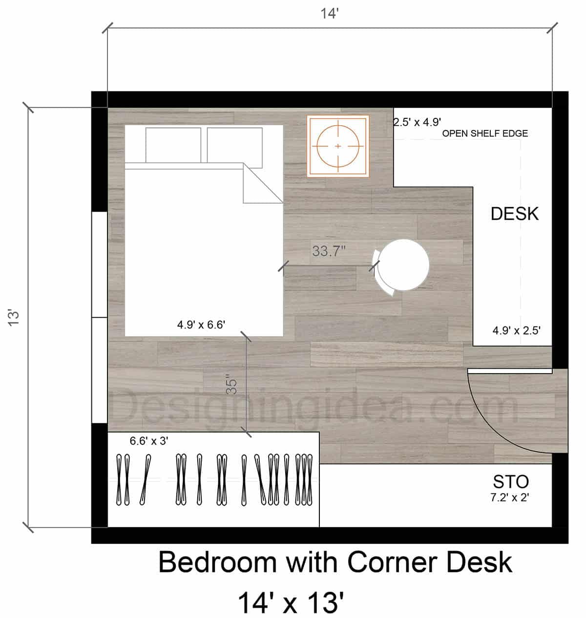 14x13 bedroom floor plan with corner desk