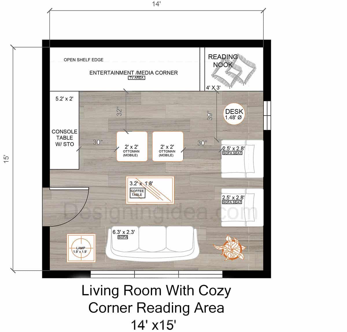 Living room layout with cozy corner reading nook