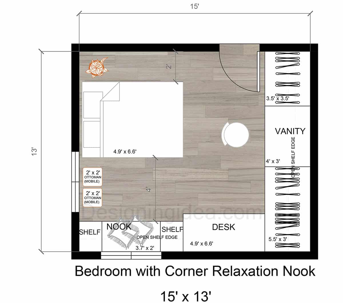15x13 bedroom with a corner relaxation nook