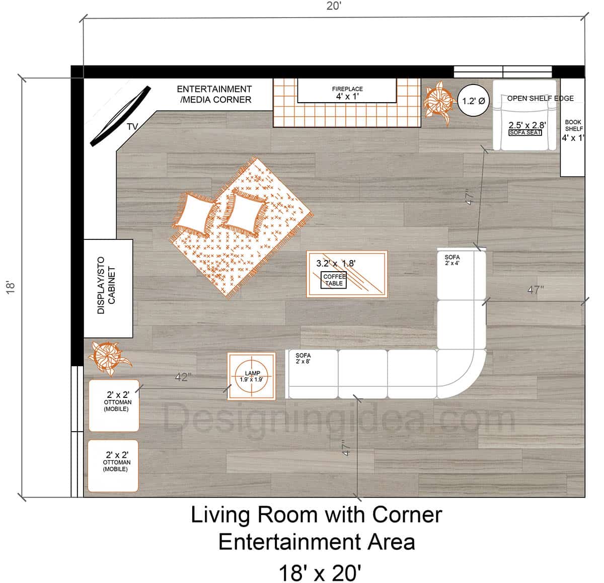 18x20 room with corner entertainment area