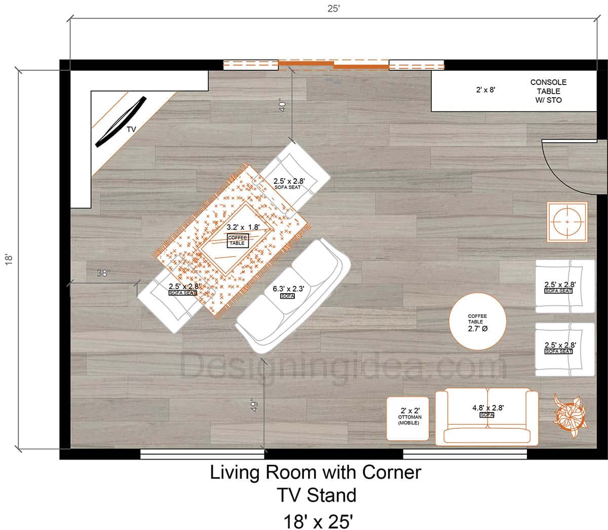 18x25 room showcasing a corner tv stand