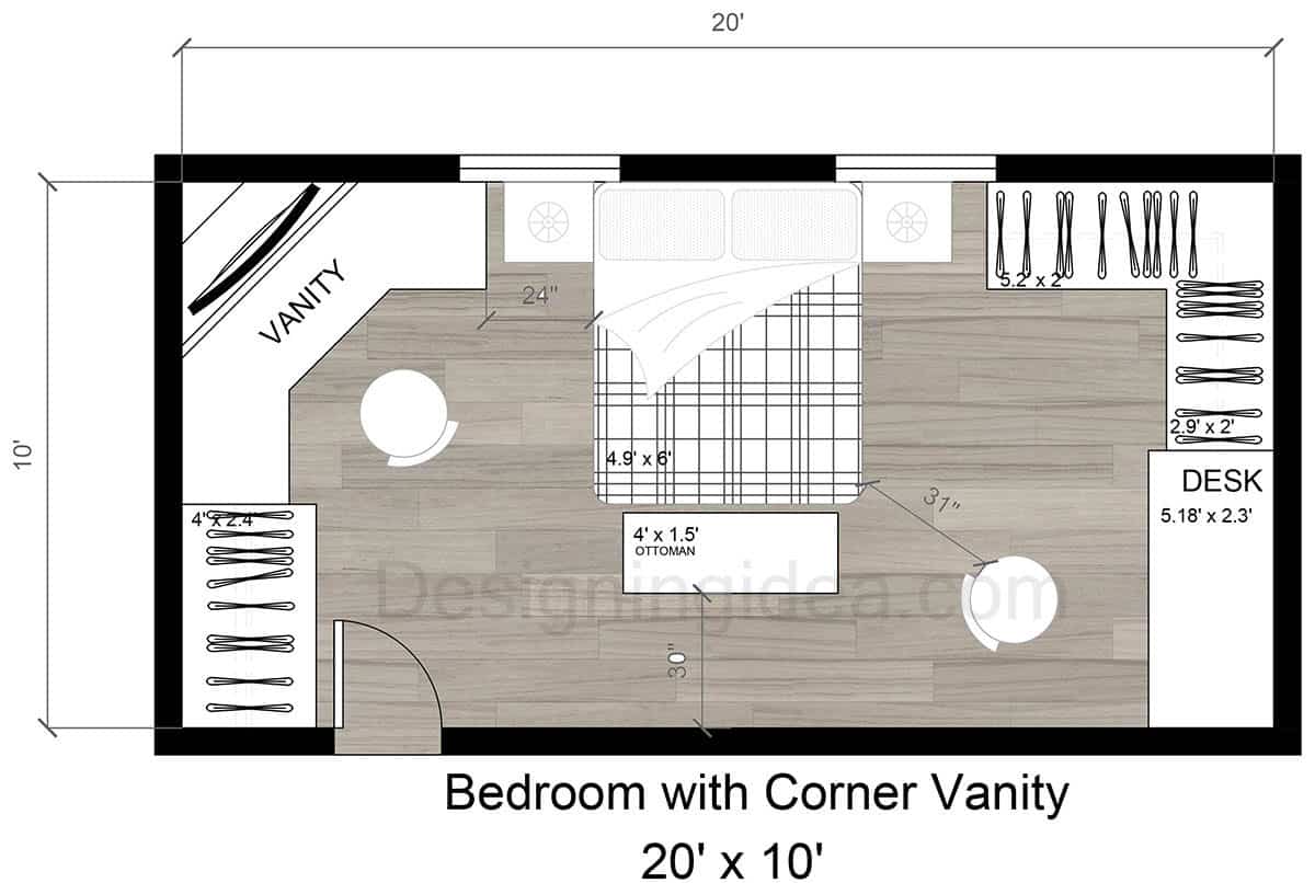 20x10 bedroom layout with corner vanity
