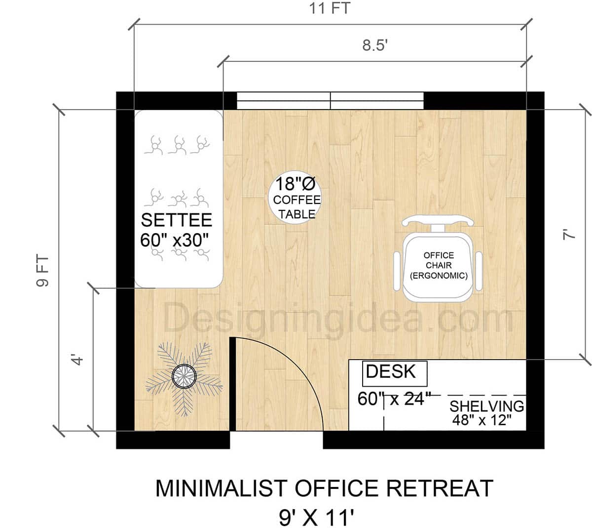 9x11 minimalist office retreat design with corner couch and desk