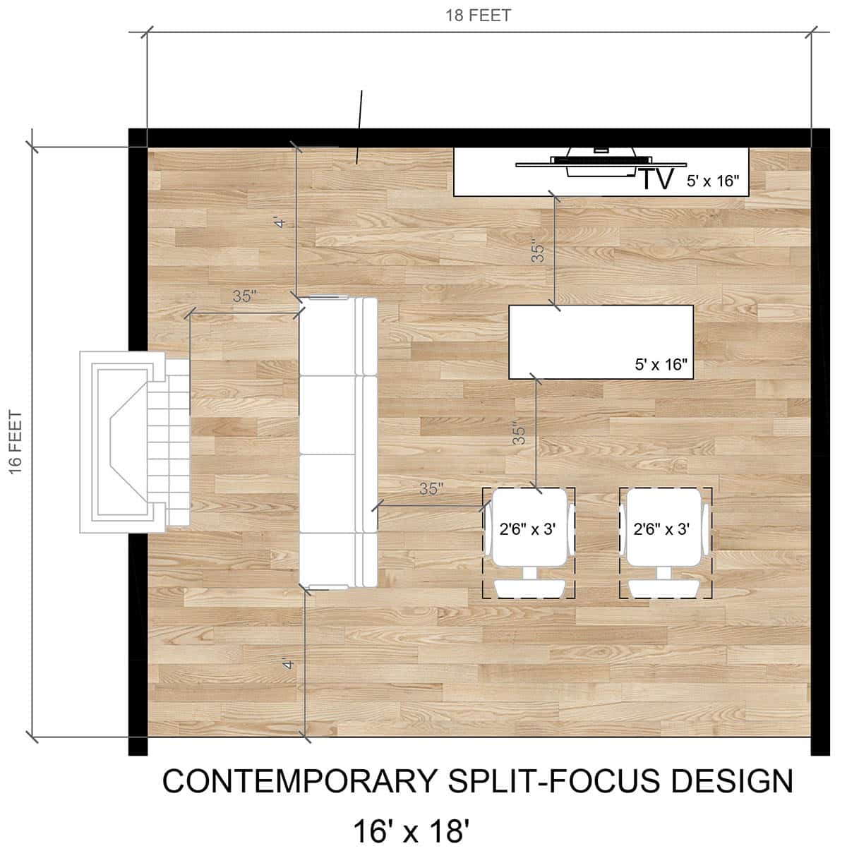 Contemporary split focus family room floor plan design