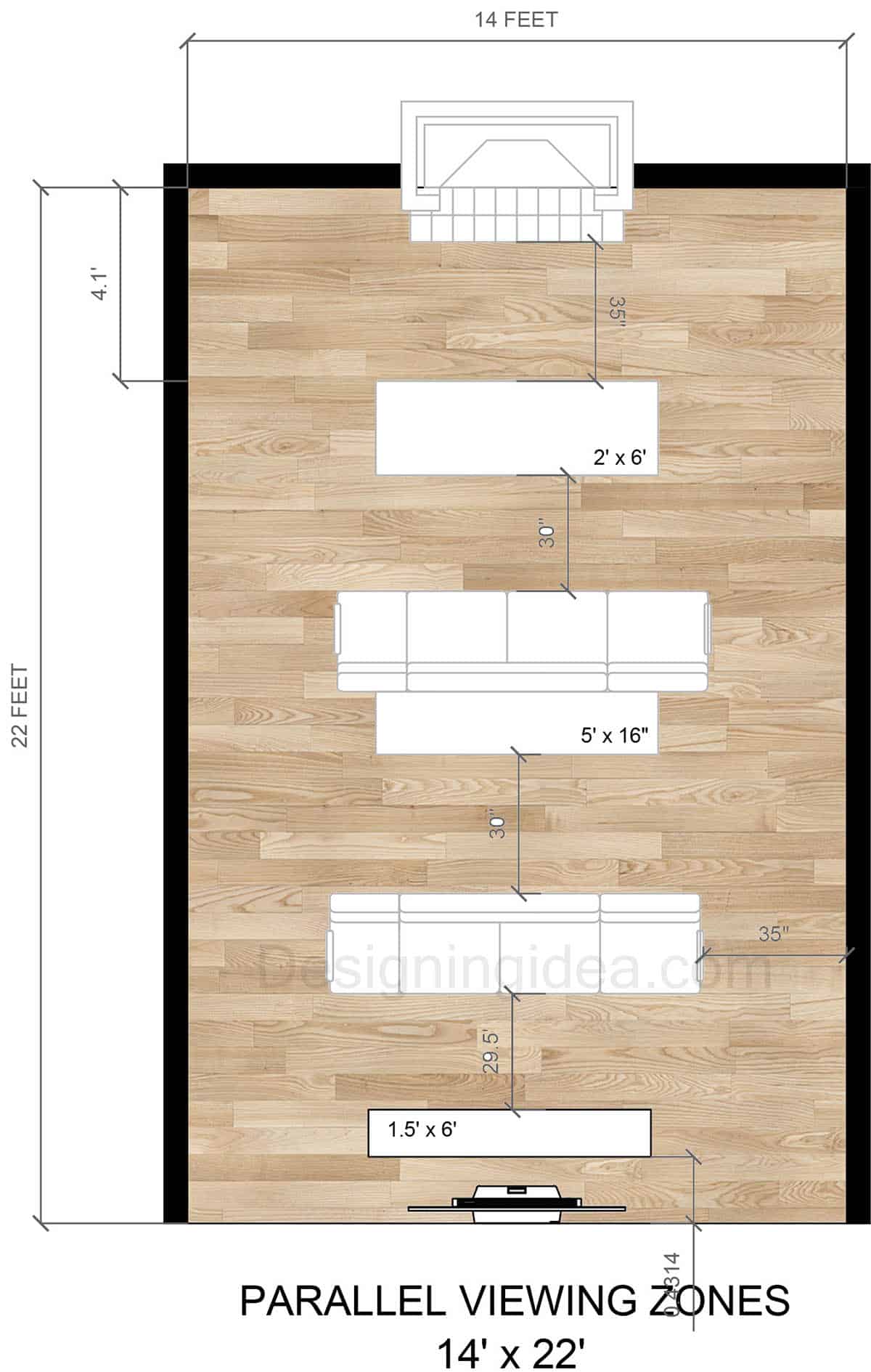 Living room layout with parallel viewing zones