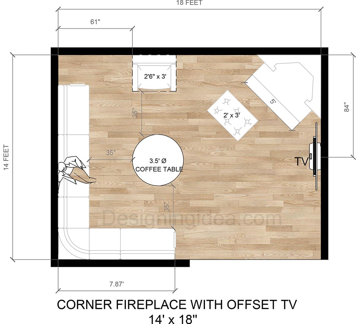 Corner fireplace with offset tv floor plan