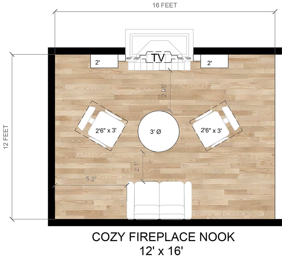 Cozy fireplace nook with off-center tv