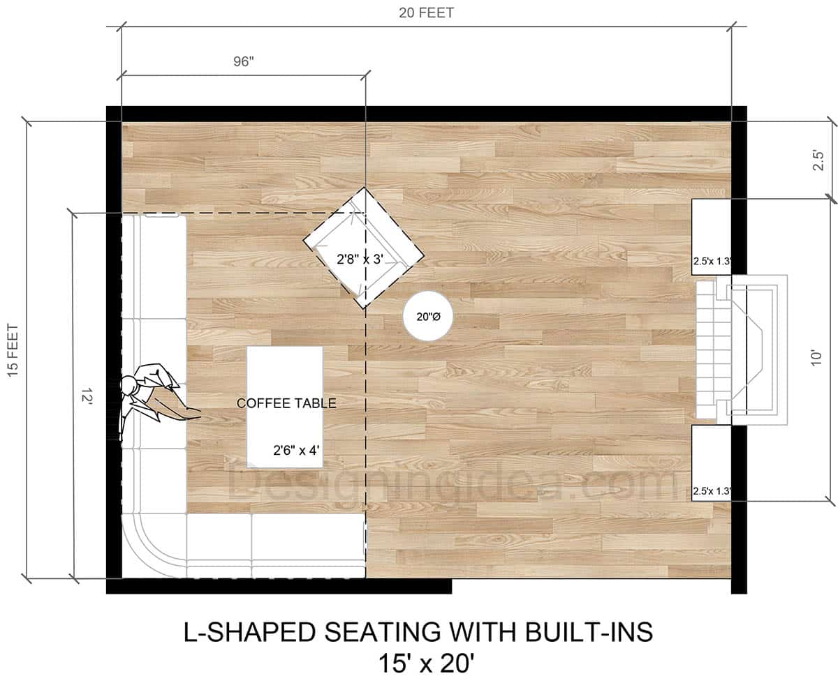 L-shaped seating and built in cabinet layout design