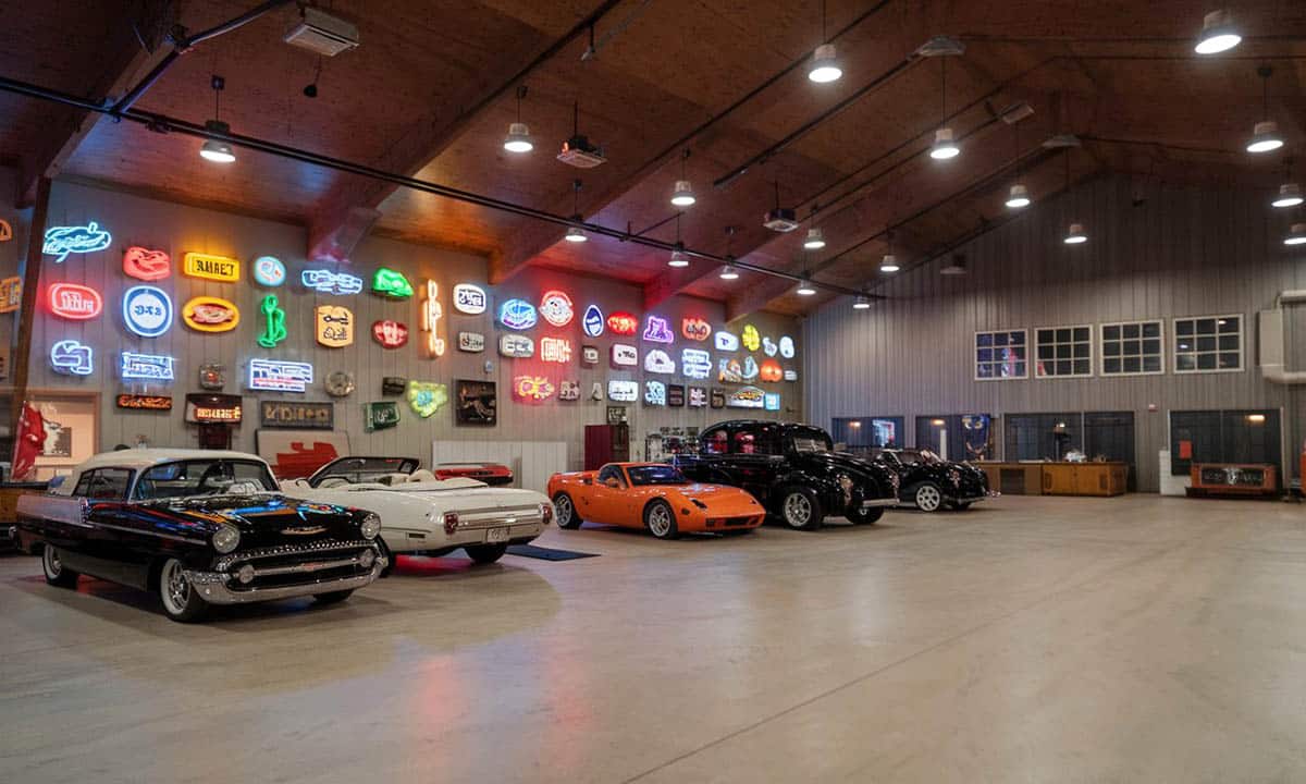Collector car garage with neon lights
