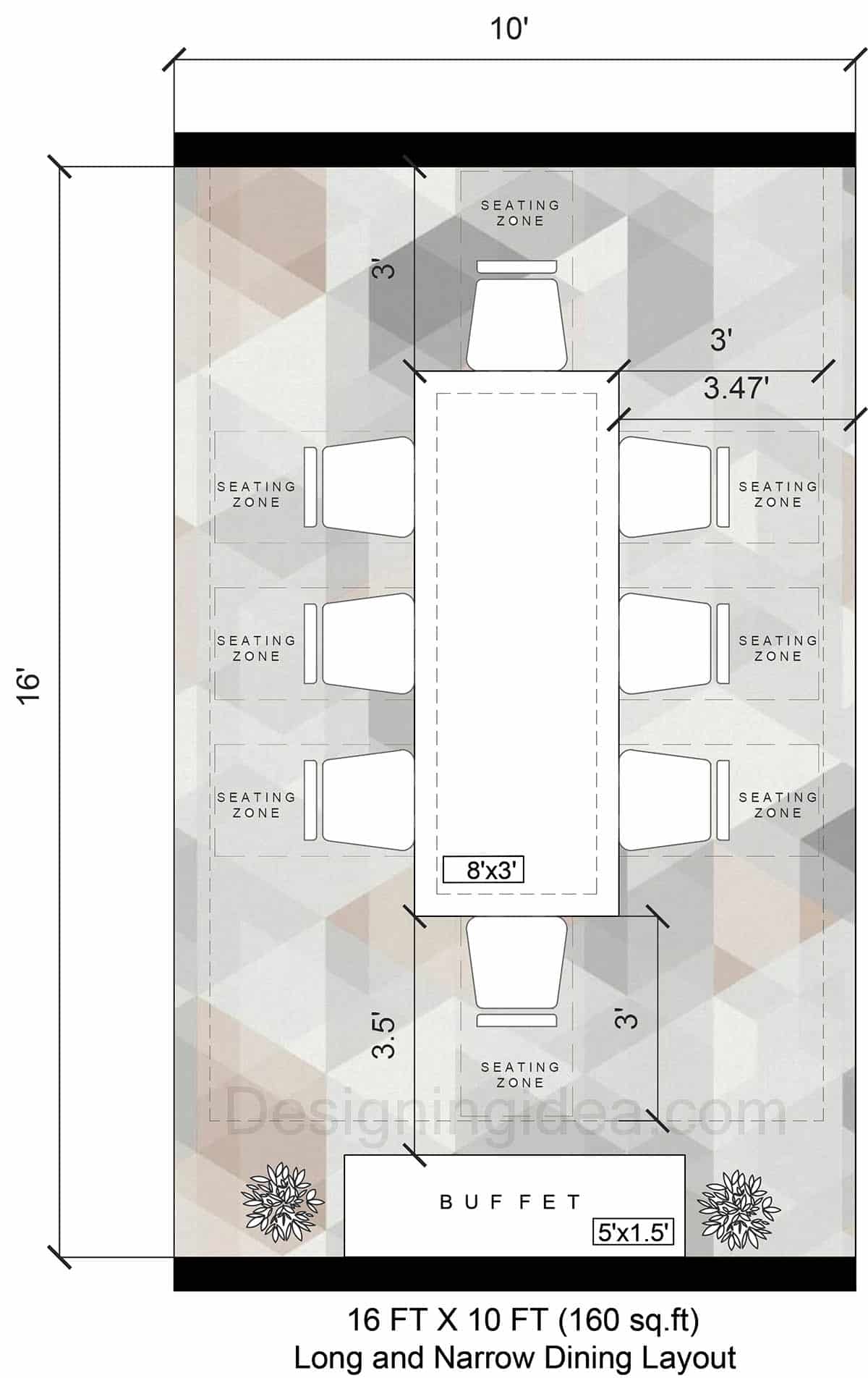 16x10 long and narrow dining layout