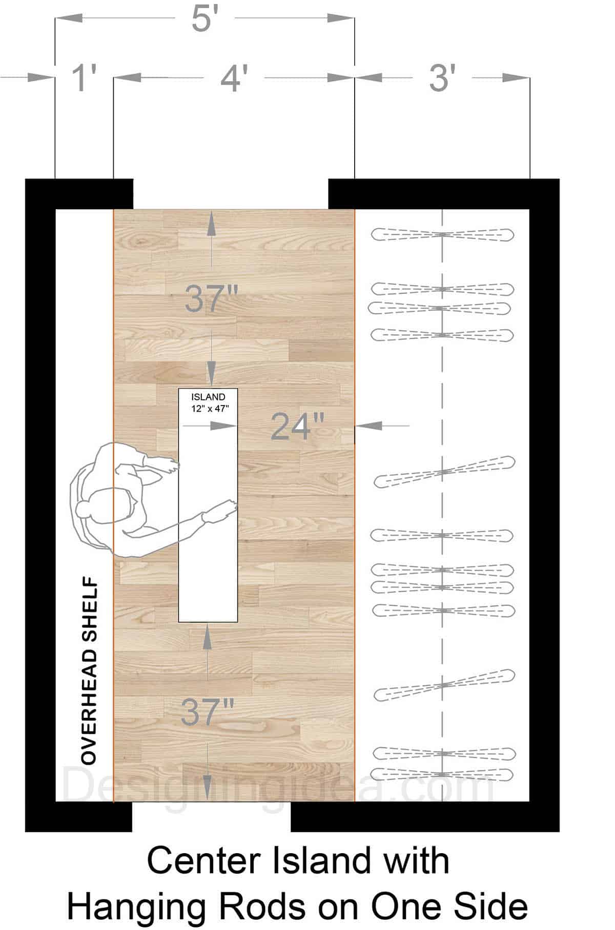 Closet With Center Island Layout And Hanging Rods 