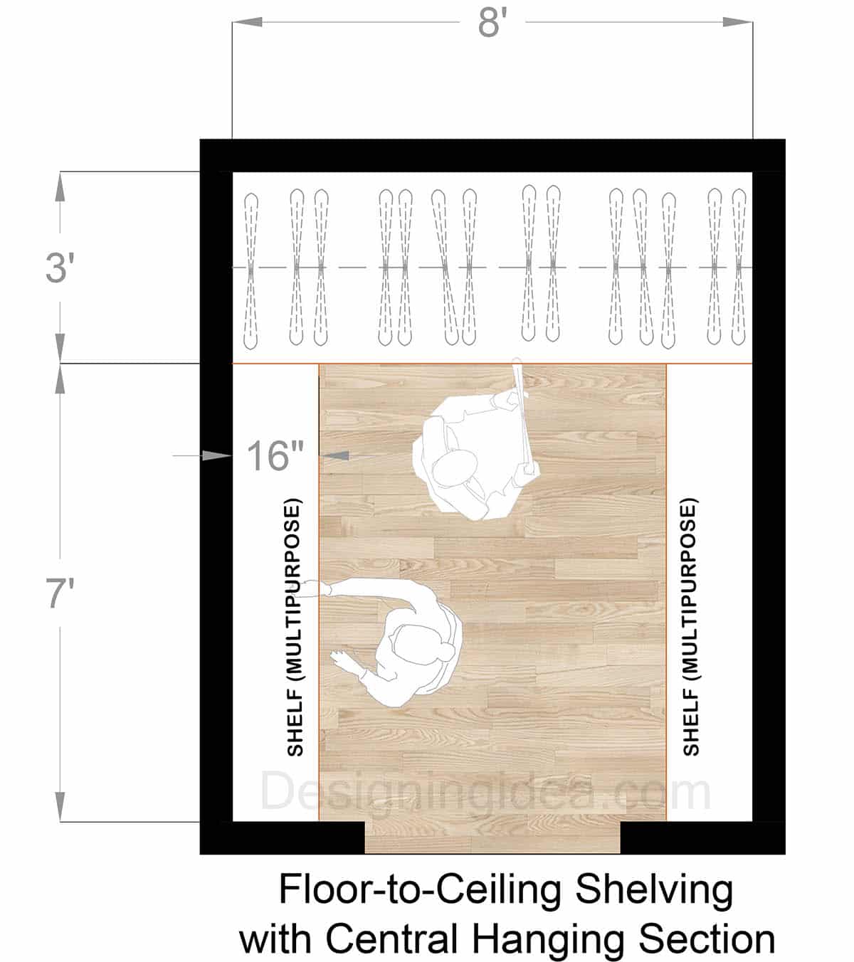 Closet with Floor-to-Ceiling Shelving and Central Hanging Section