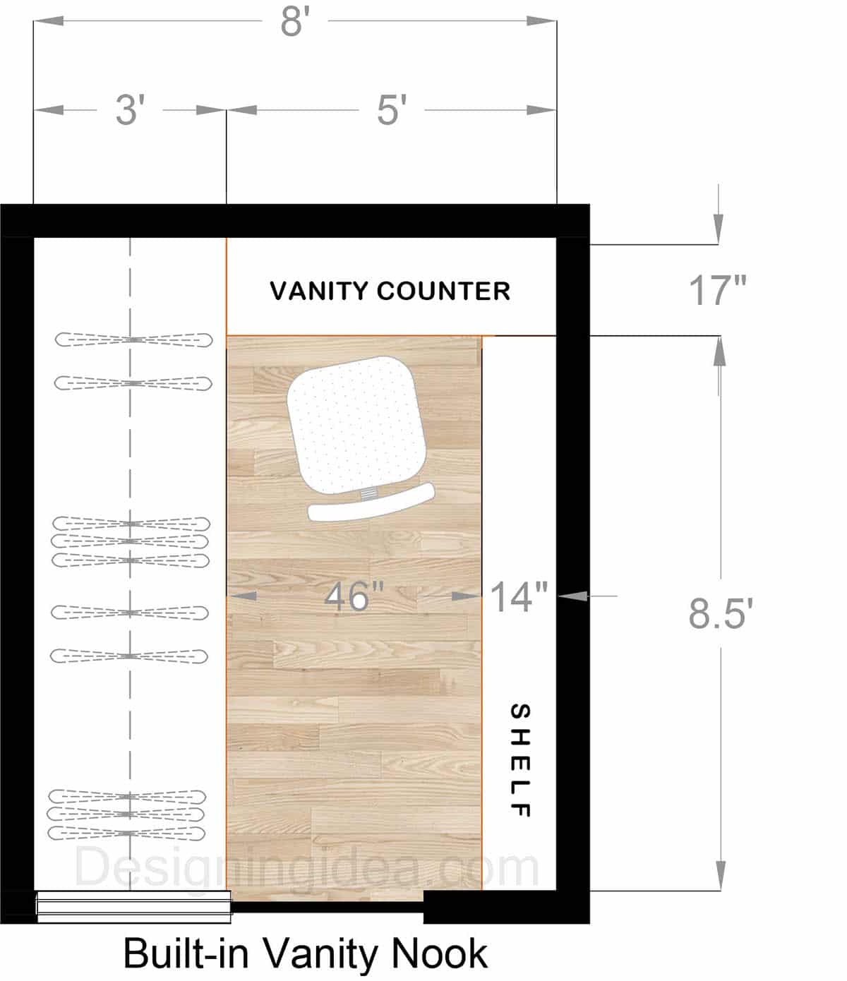 Closet with Built-In Vanity Nook Layout