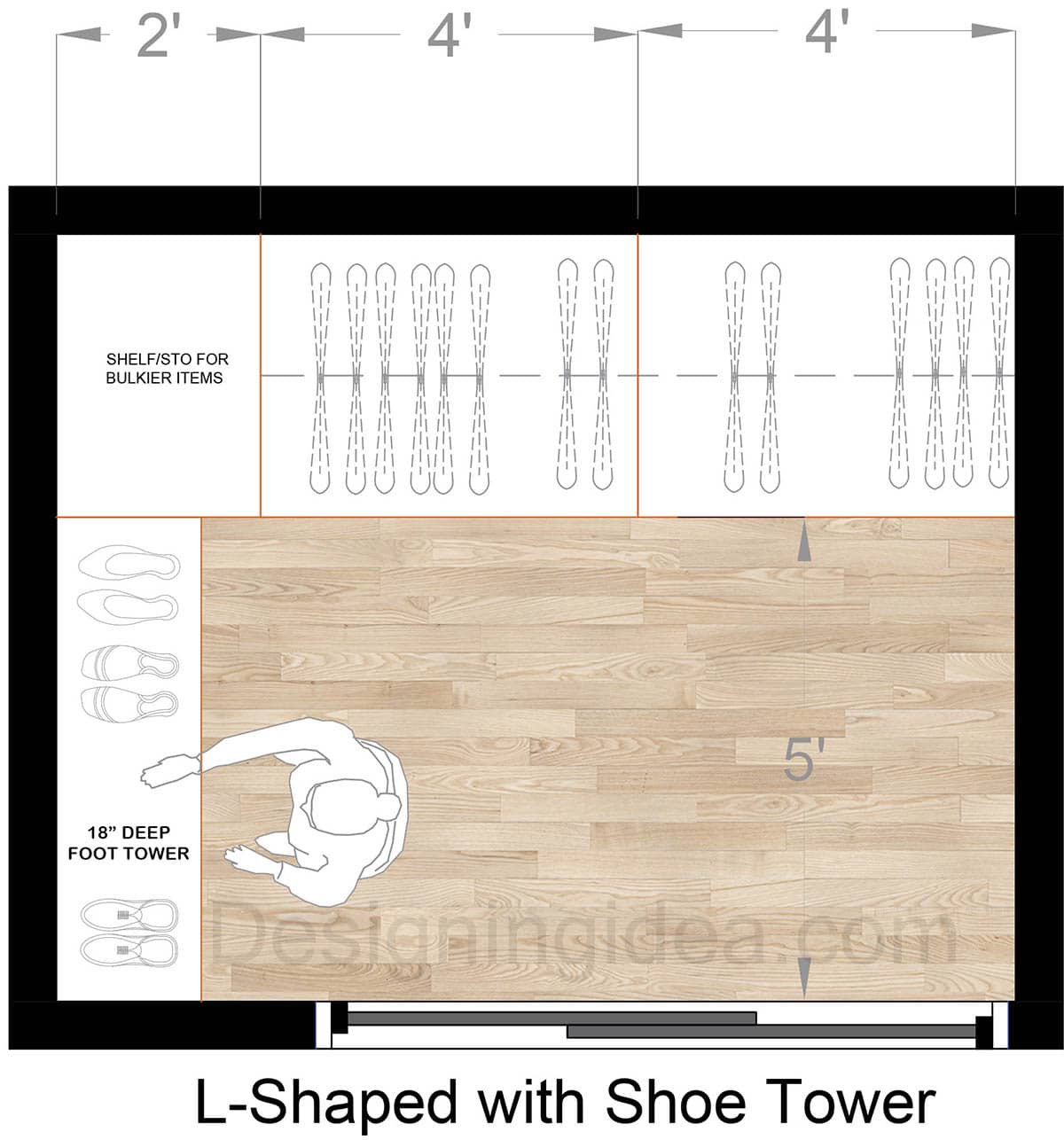 L-Shaped Closet Floor Plan with Shoe Tower