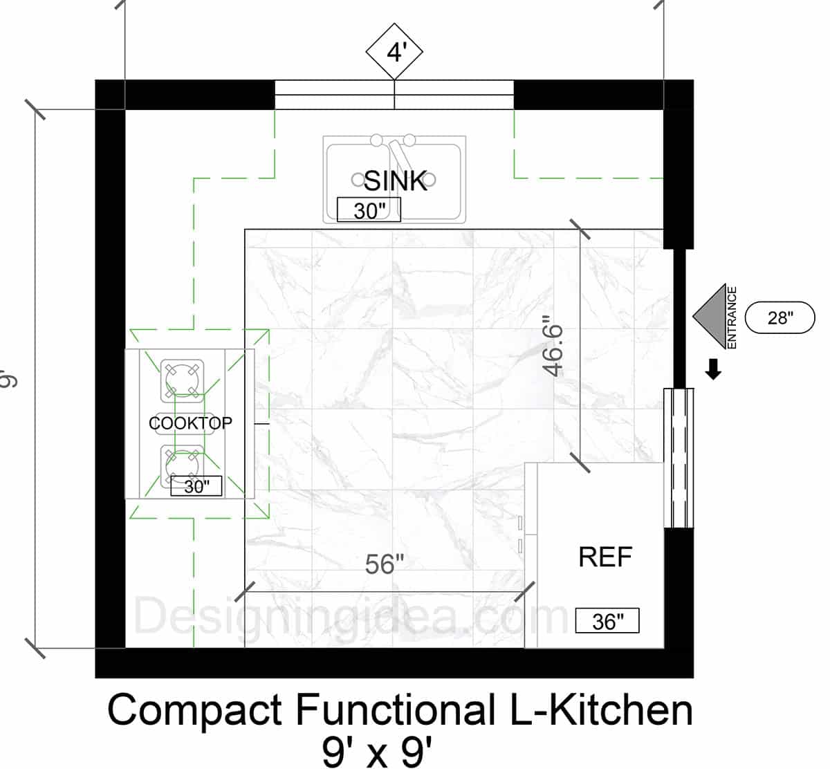 9x9 L-Shaped Compact And Functional Kitchen Floor Plan