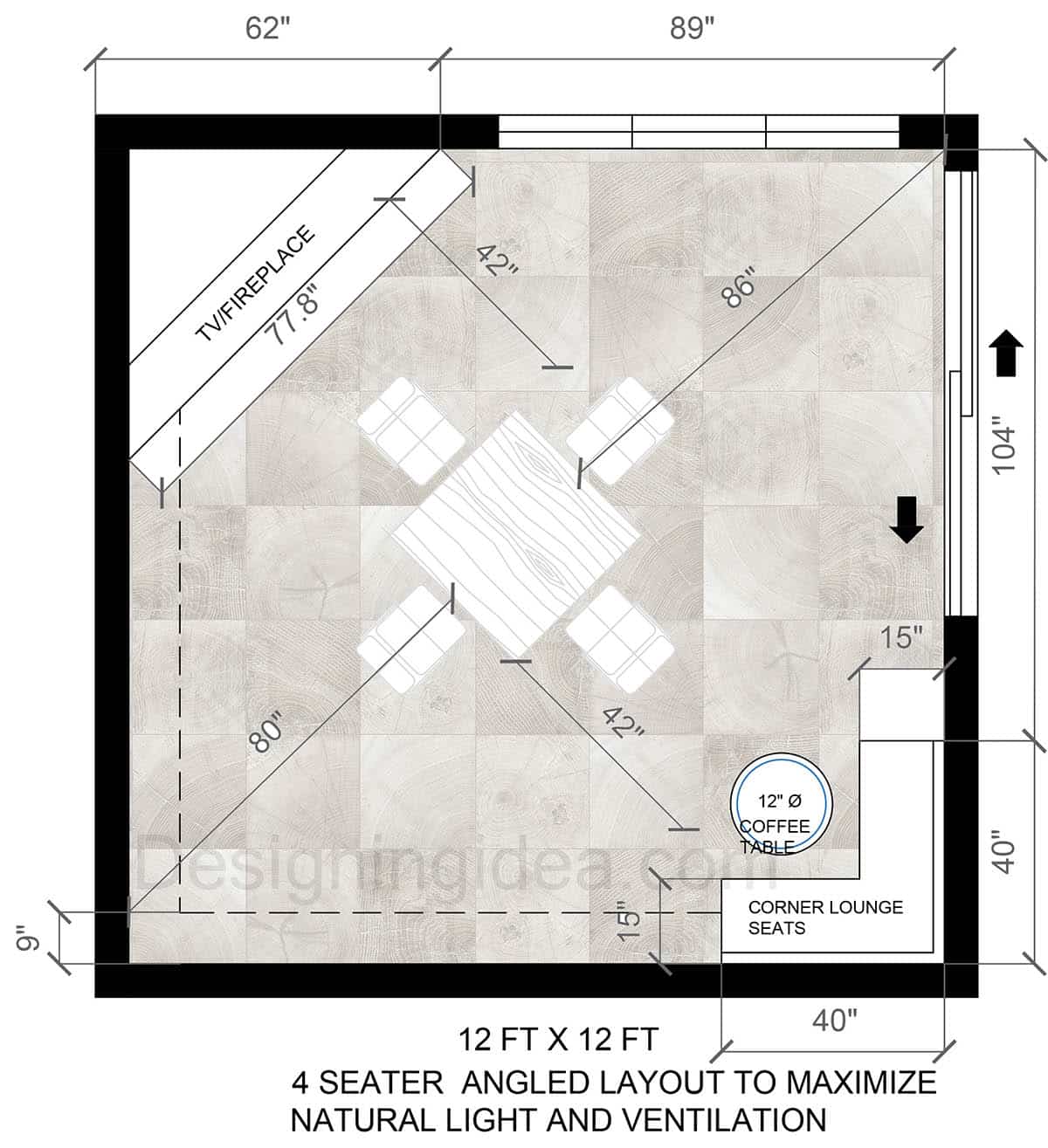 4-Seat Angled Dining Table Layout to Maximize Natural Light 