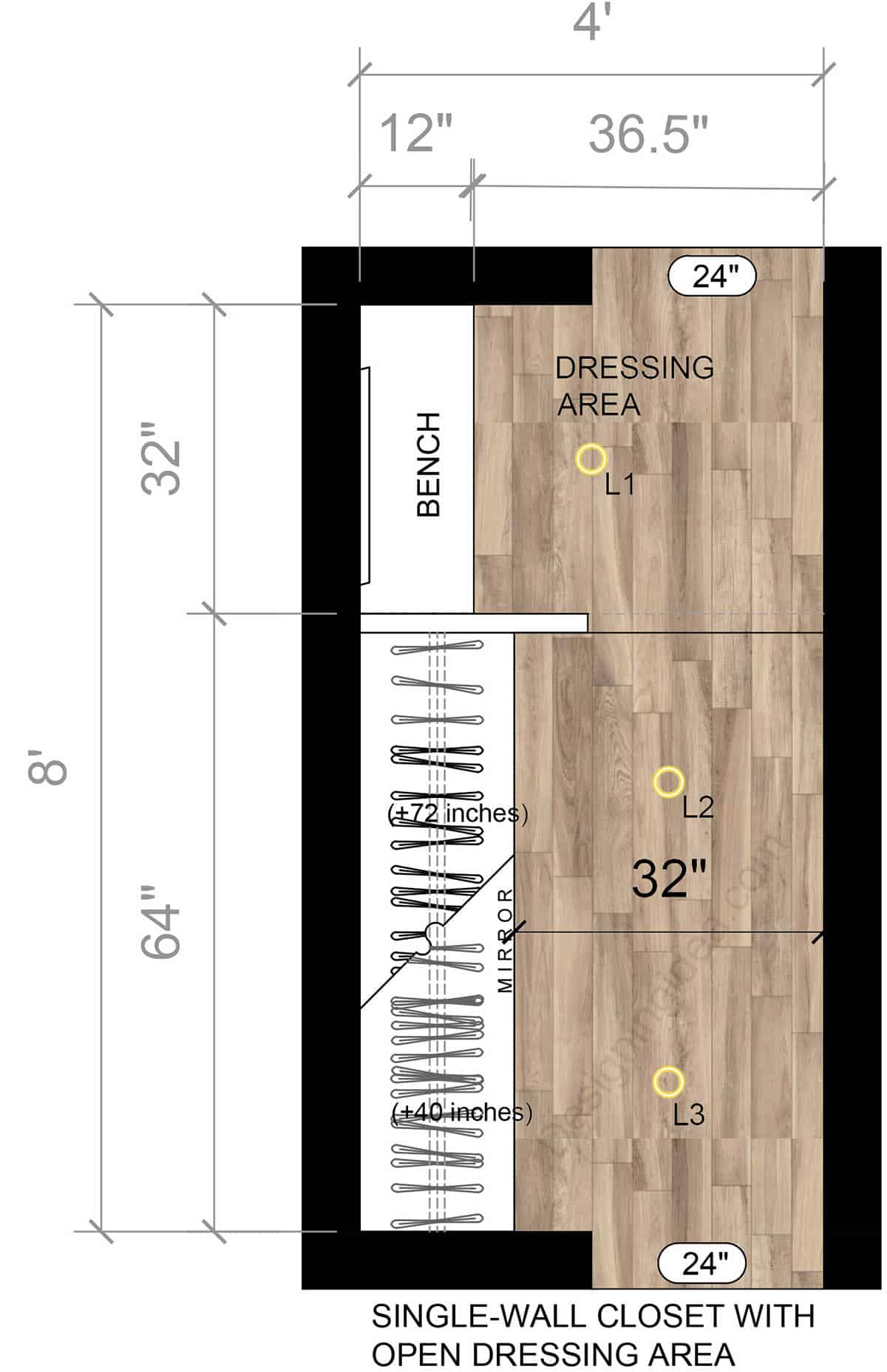 4x8 Single-Wall Closet with Open Dressing Area