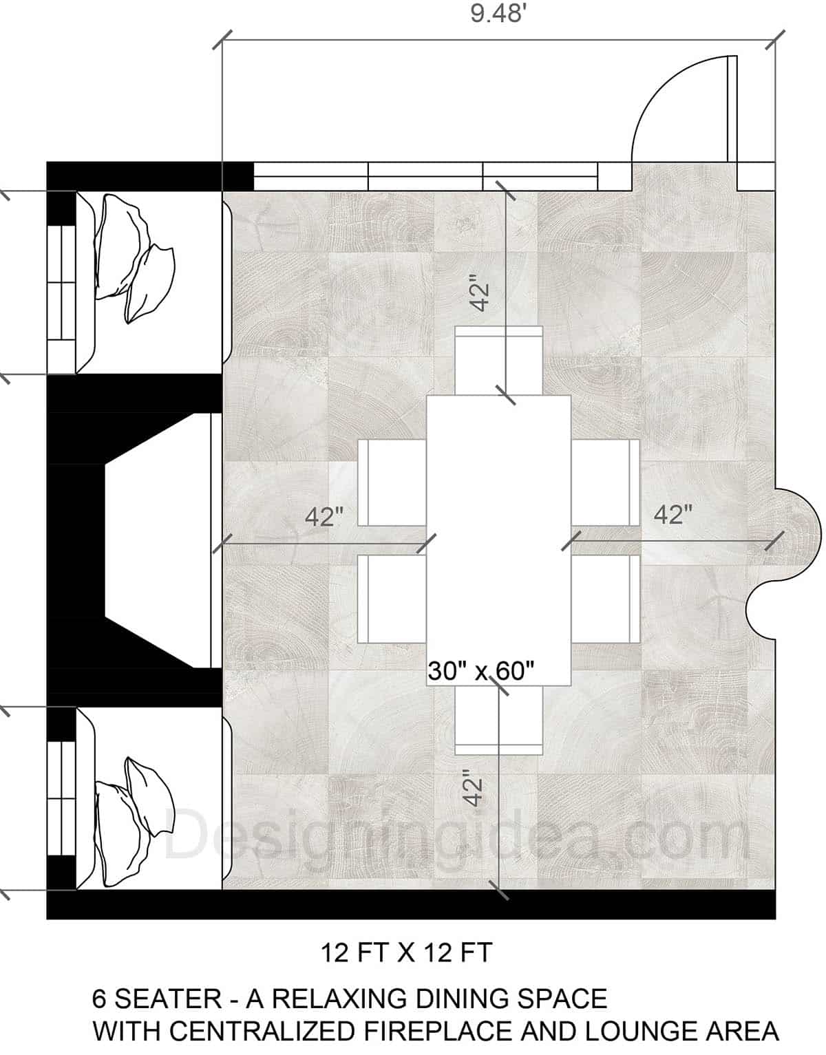 6-Seat Relaxing Dining Room Floor Plan with Fireplace and Lounge Area