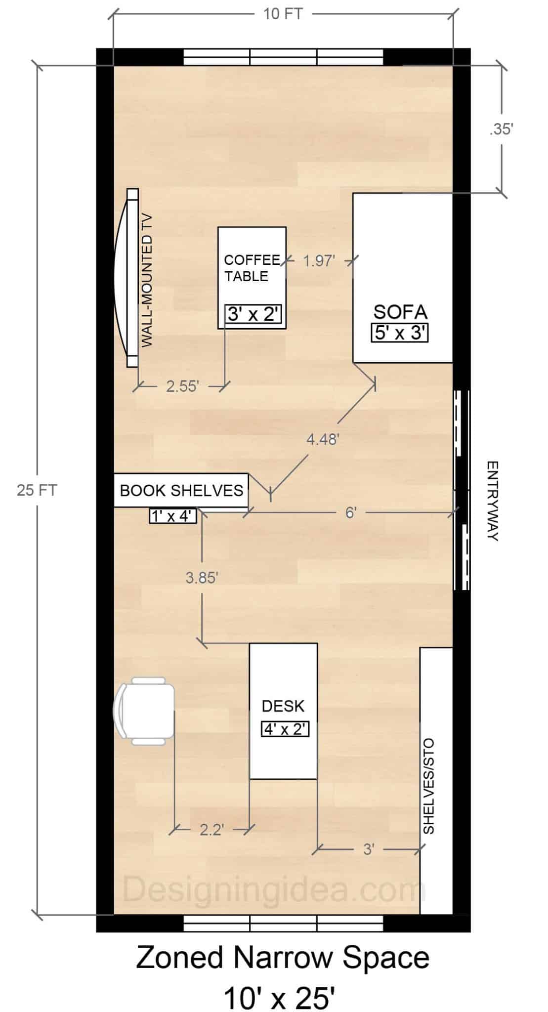 10x25 Narrow Zoned Living And Office Layout 
