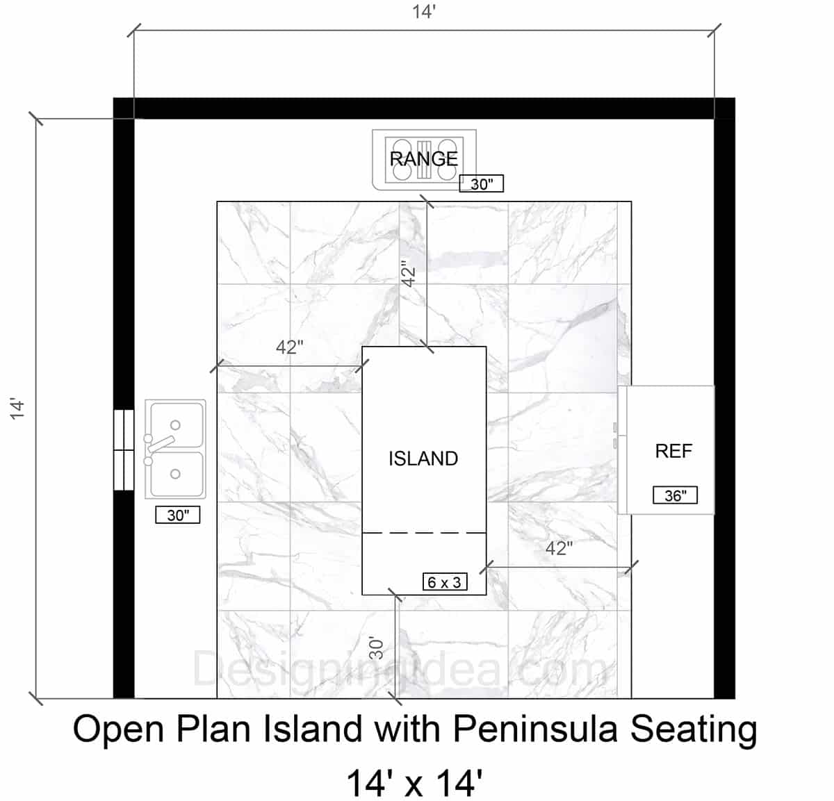 14x14 Open Plan Kitchen With Island And Peninsula Seating 