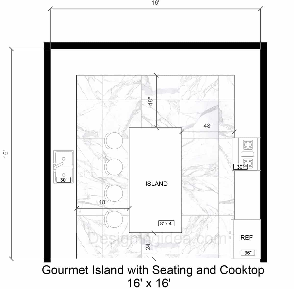 16x16 Gourmet Kitchen With Large Island, Seating and Cooktop 
