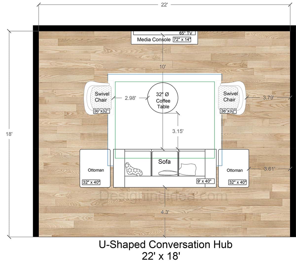 18x22 U-Shaped Conversation Hub With Wall-Mounted TV 