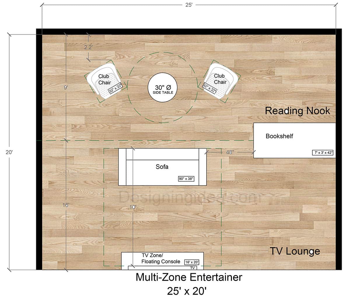 20x25 Multi-Zone Entertainer's Living Room Layout 