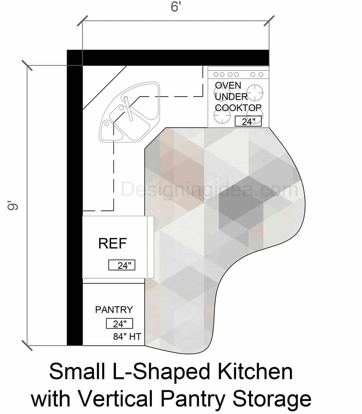 6x9 Small Kitchen With L-Shaped Cabinet Layout And Vertical Pantry 