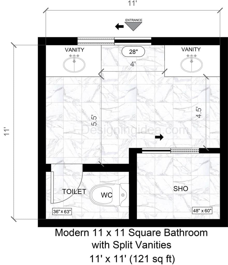 Split Vanity Square Master Bathroom Layouts with Dual Sink Vanities