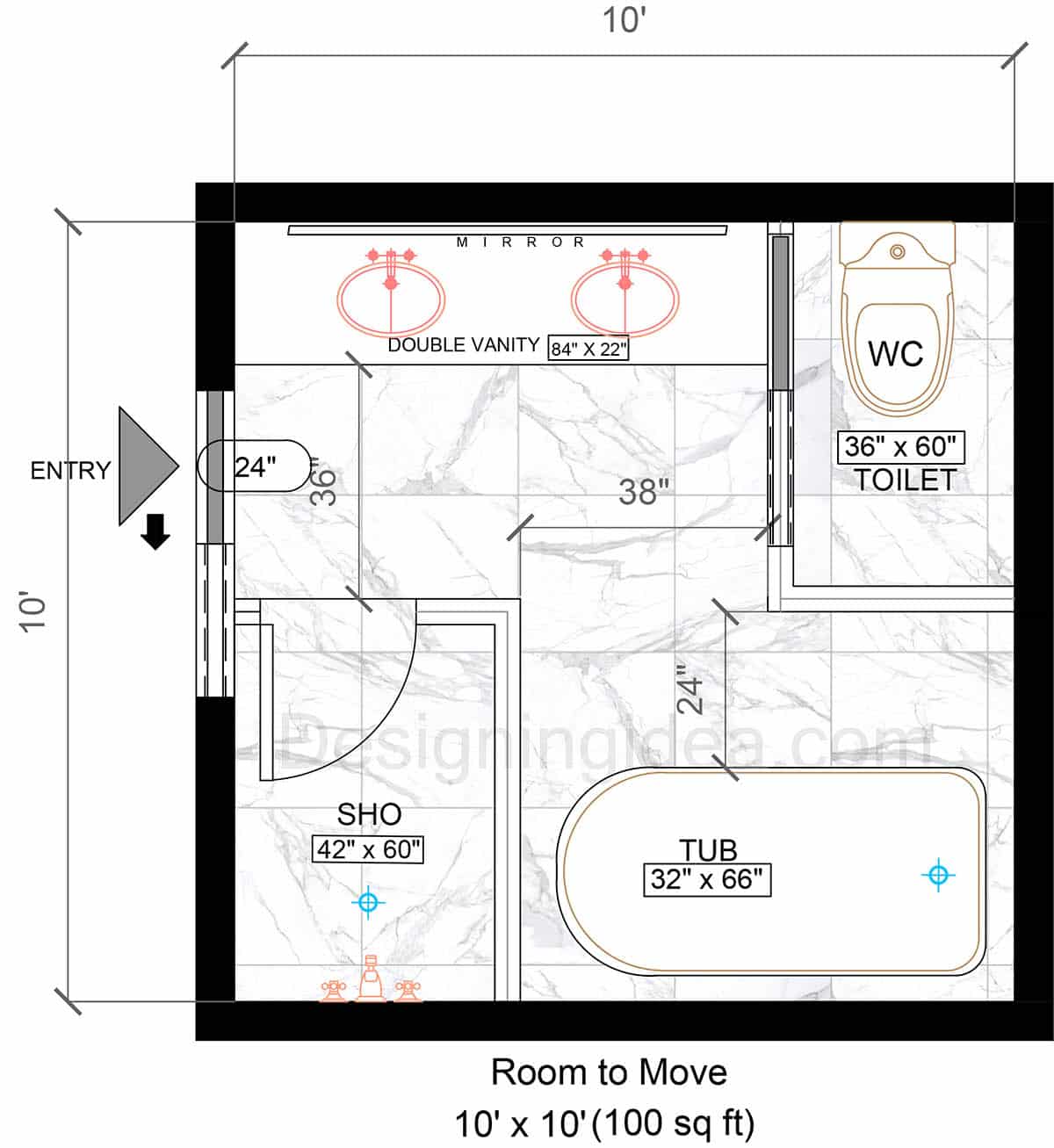 10x10 Bathroom Floor Plan With Room to Move 