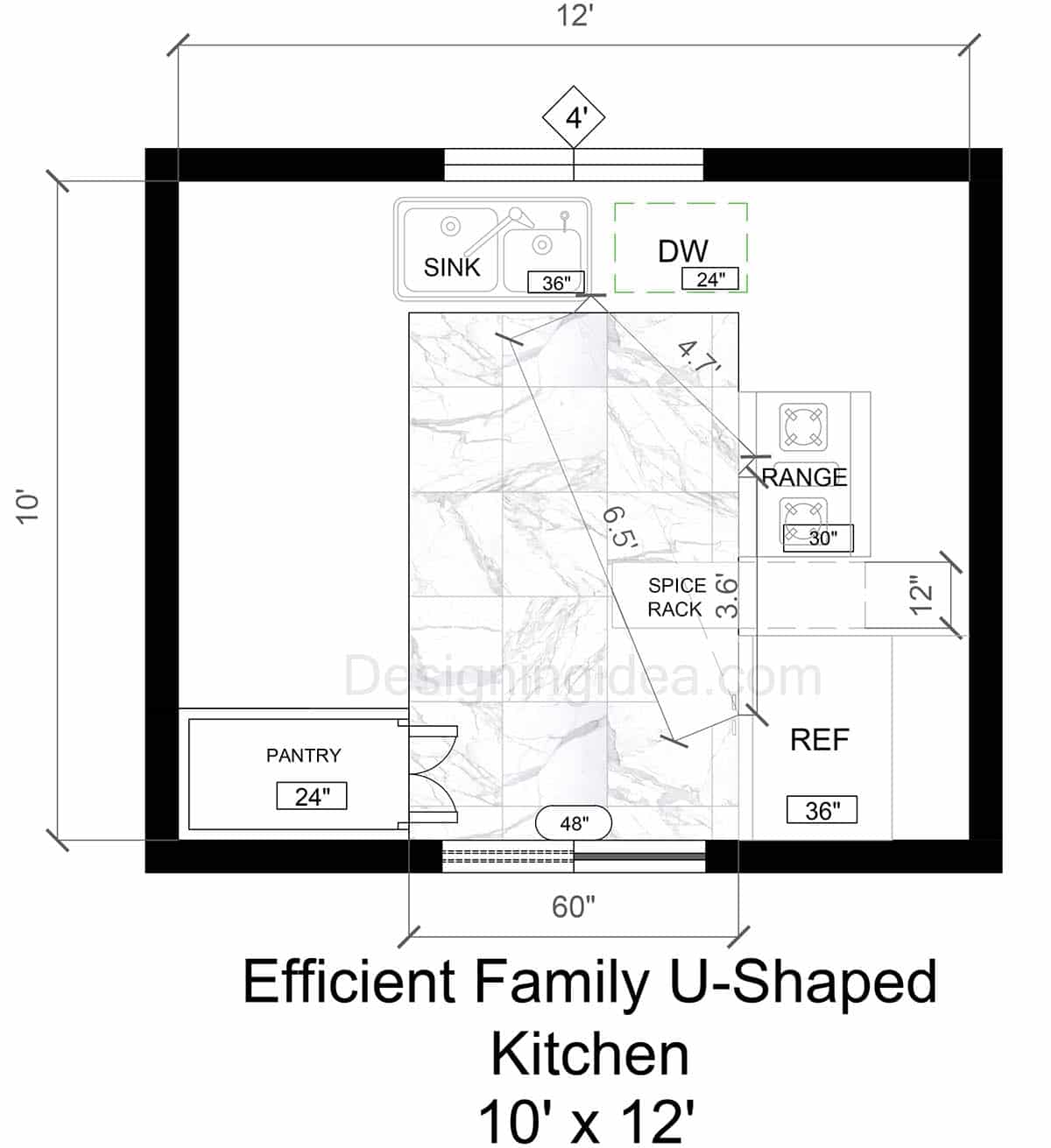 10x12 Efficient Family U-Shape Kitchen Floor Plan