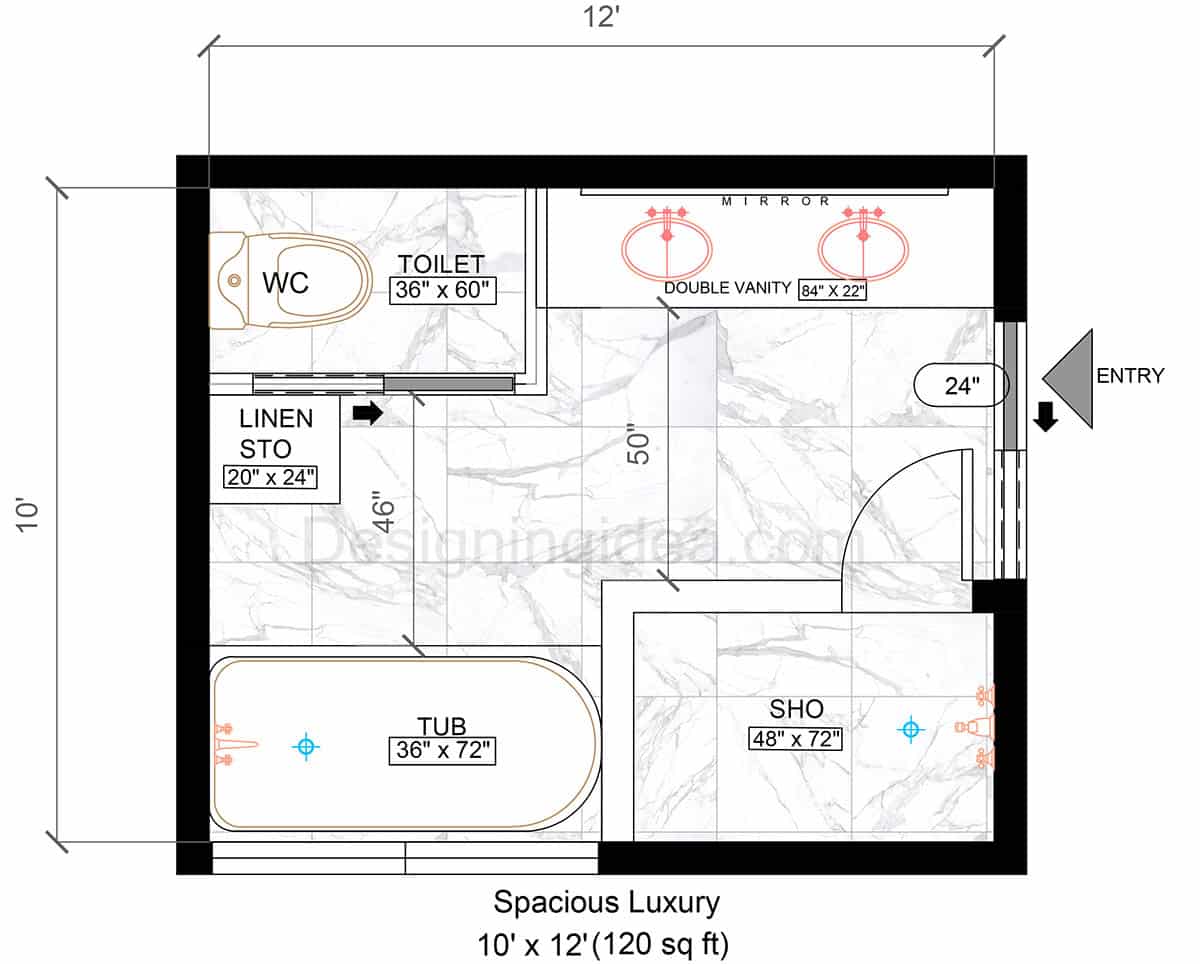 10x12 Spacious Luxury Bathroom With Side-By-Side Shower and Tub