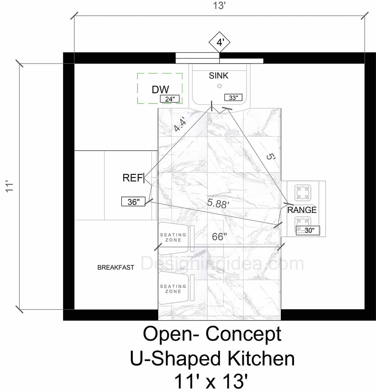 11x13 Open-Concept U-Shape Style Kitchen Floor Plan