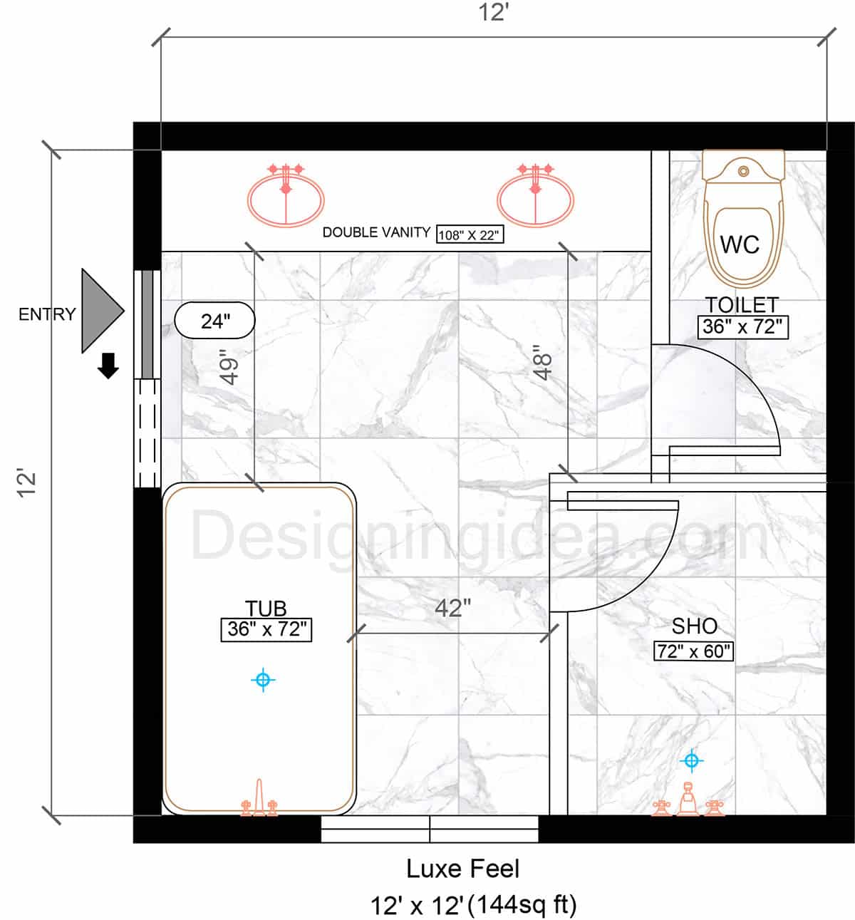 12x12 Luxe Feel Bathroom Design With Tub Across From Shower