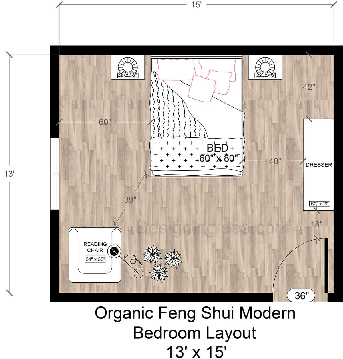 13x15 Organic Feng Shui Modern Bedroom Layout 