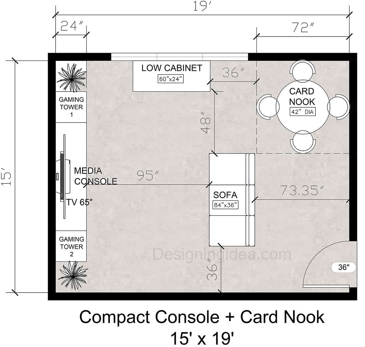 15x19 Game Room Layout With Compact Media Console And Card Nook