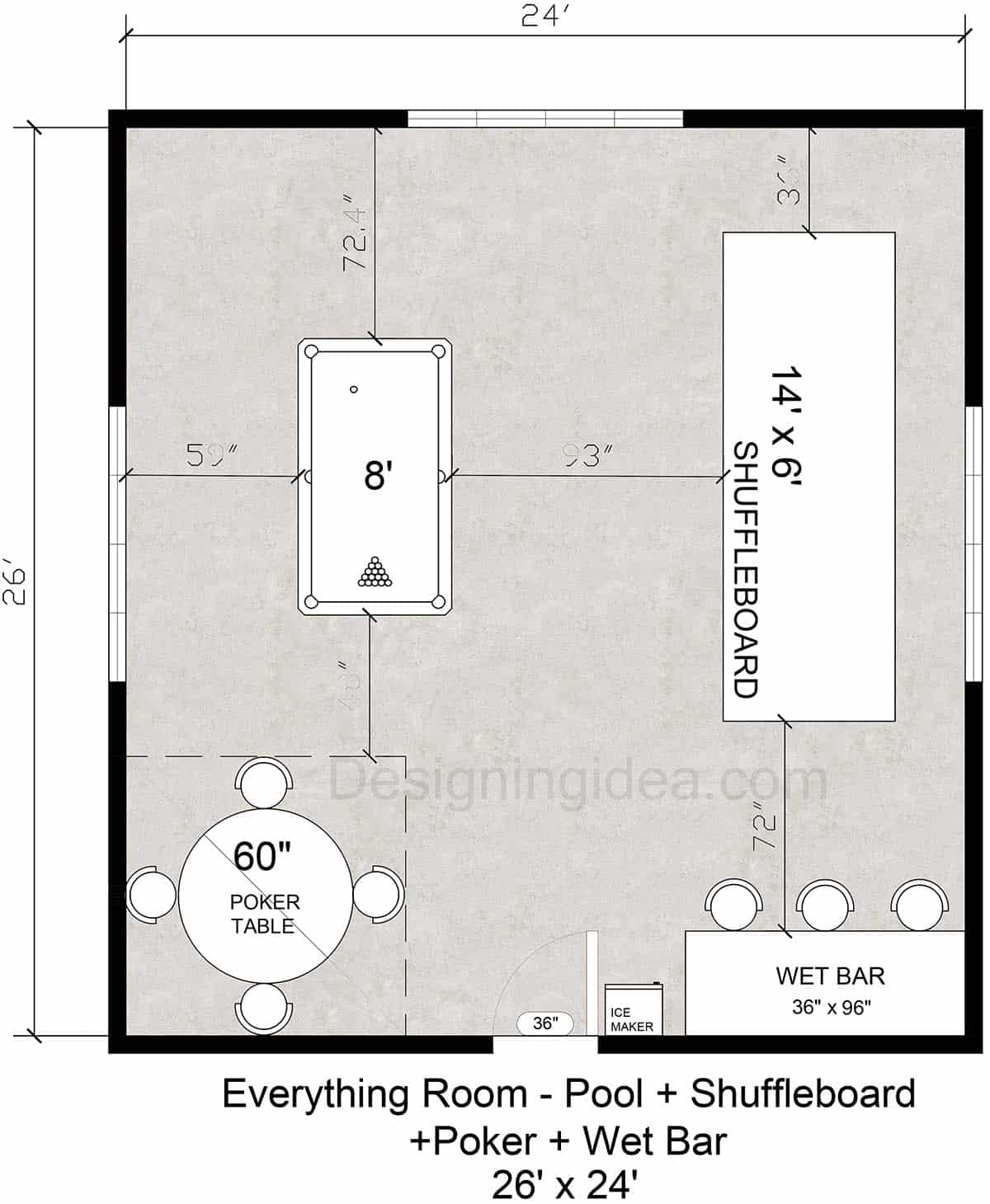 Everything Room Design With Pool, Shuffleboard, Poker Table And Wet Bar