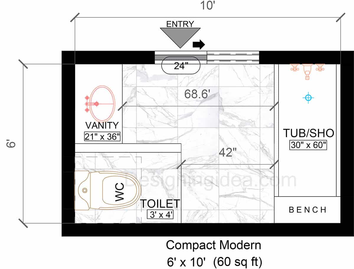 6x10 Compact Modern Bathroom Layout With Combined Shower And Tub