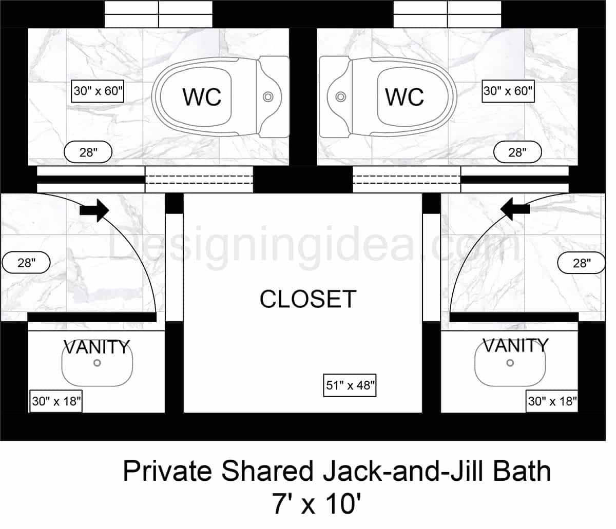 7x10 Private Shared Jack-and-Jill Bathroom Design