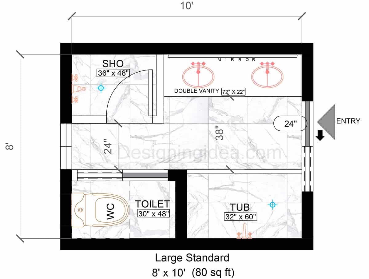 8x10 Large Standard Bathroom Floor Plan With Separate Tub And Shower