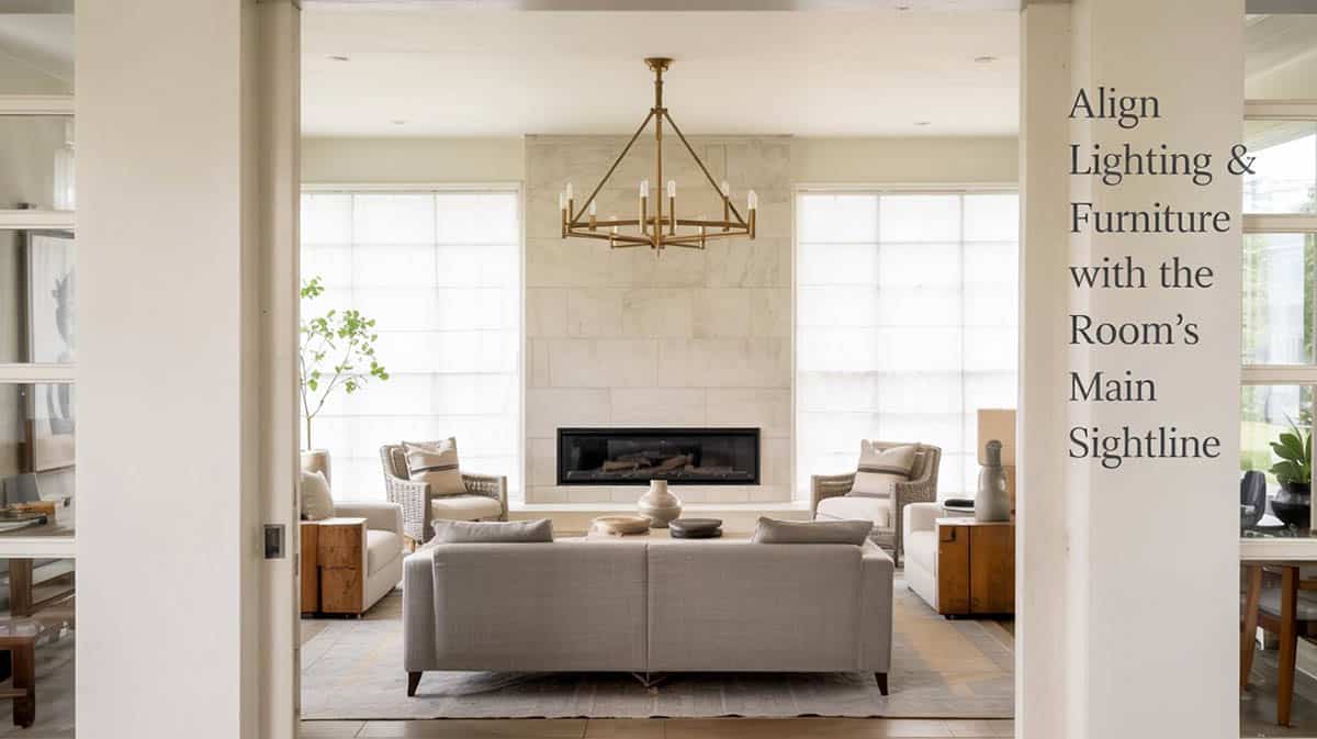 Modern living room with chandelier and fireplace for a perfect sightline